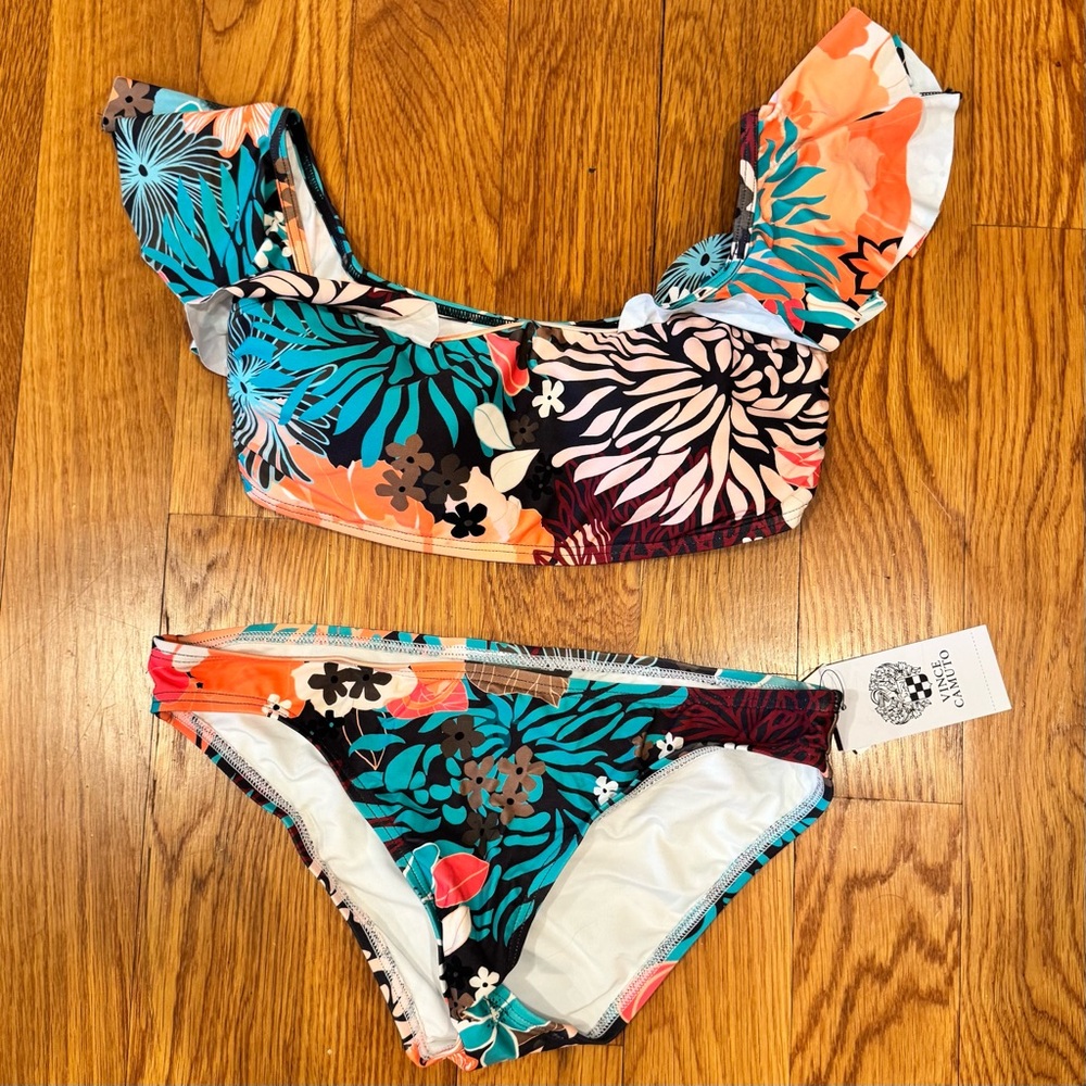 Vince Camuto Multi Floral Off Shoulder Ruffle Bikini Bathing Suit Set Small S